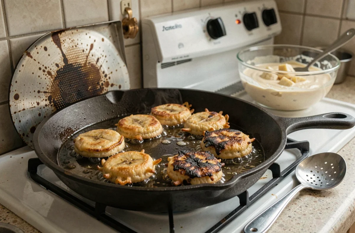 Poêle en fonte sur feu de gaz avec des beignets à la banane en train de frire, dont un trop cuit illustrant une erreur fréquente de cuisson