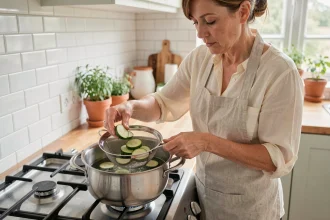 Femme plaçant des rondelles de courgette dans un panier vapeur au-dessus d'une casserole sur une cuisinière à gaz moderne
