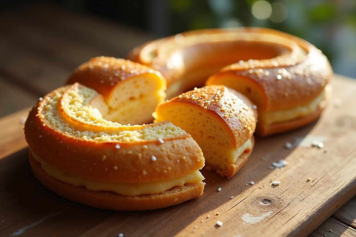 Dacquoise tranchée sur une table en bois rustique