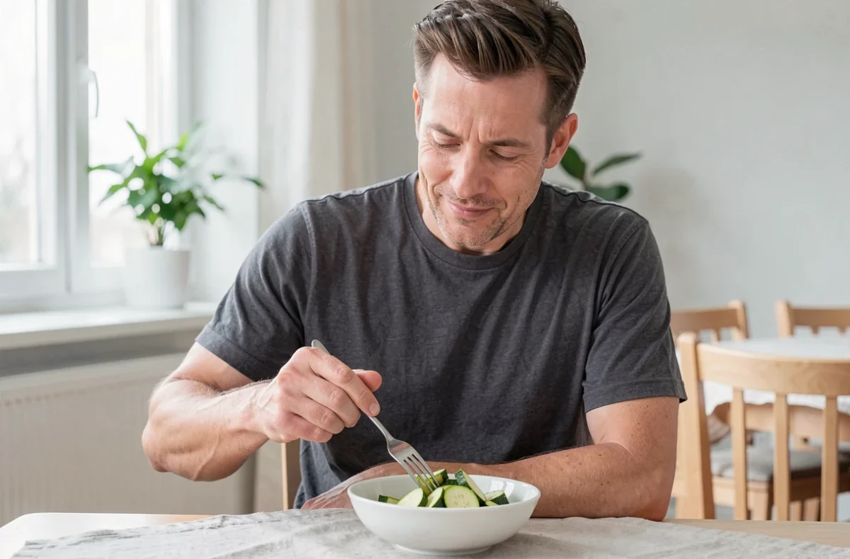 Homme testant la tendreté de courgettes cuites à la vapeur dans un bol blanc sur une table scandinave lumineuse