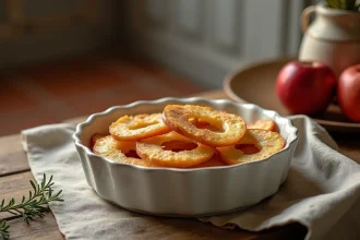 Bol de pommes au four légèrement caramélisées saupoudrées de cannelle sur une table en chêne rustique, dessert léger du soir