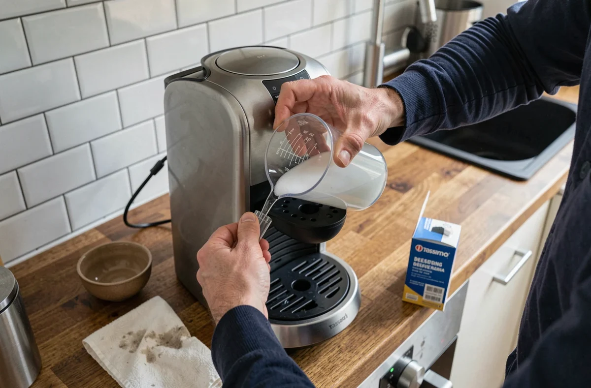 Détartrage manuel d'une machine Tassimo Bosch avec du vinaigre blanc versé dans le réservoir d'eau