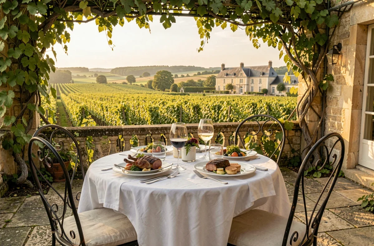 Terrasse gastronomique avec vue sur les vignes du Domaine Les Clayères à Talmont-Saint-Hilaire