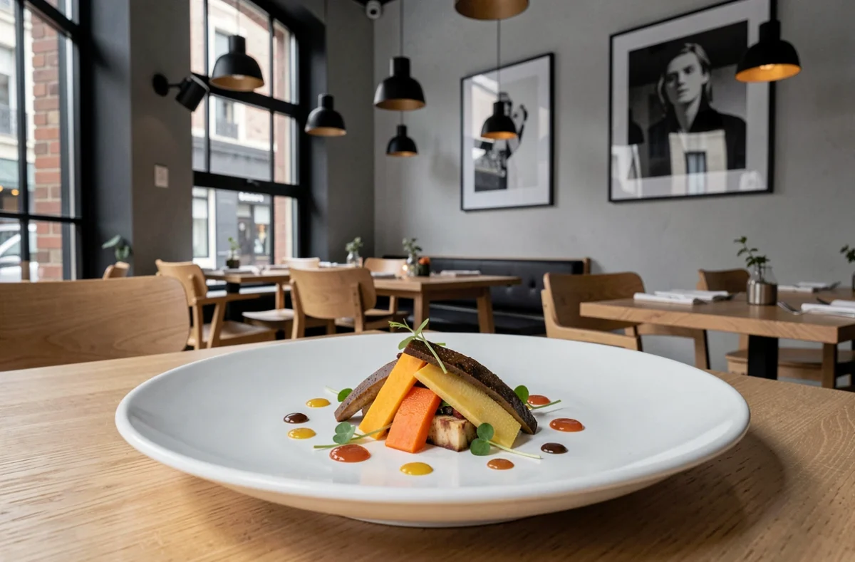 Assiette contemporaine et salle design du restaurant Douze Heures Trois à La Roche-sur-Yon