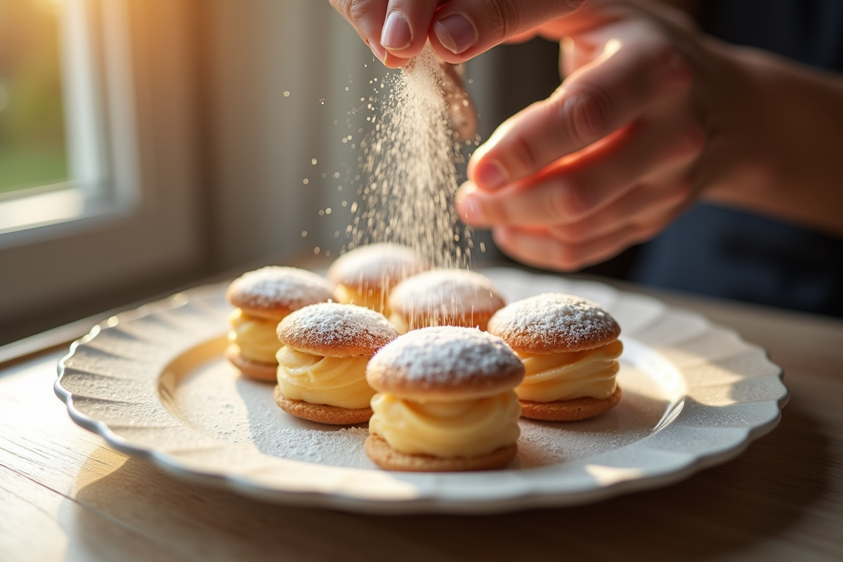 Main saupoudrant du sucre glace sur des parts de dacquoise