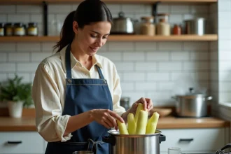 Femme plaçant des endives fraîches dans un autocuiseur en acier inoxydable dans une cuisine moderne