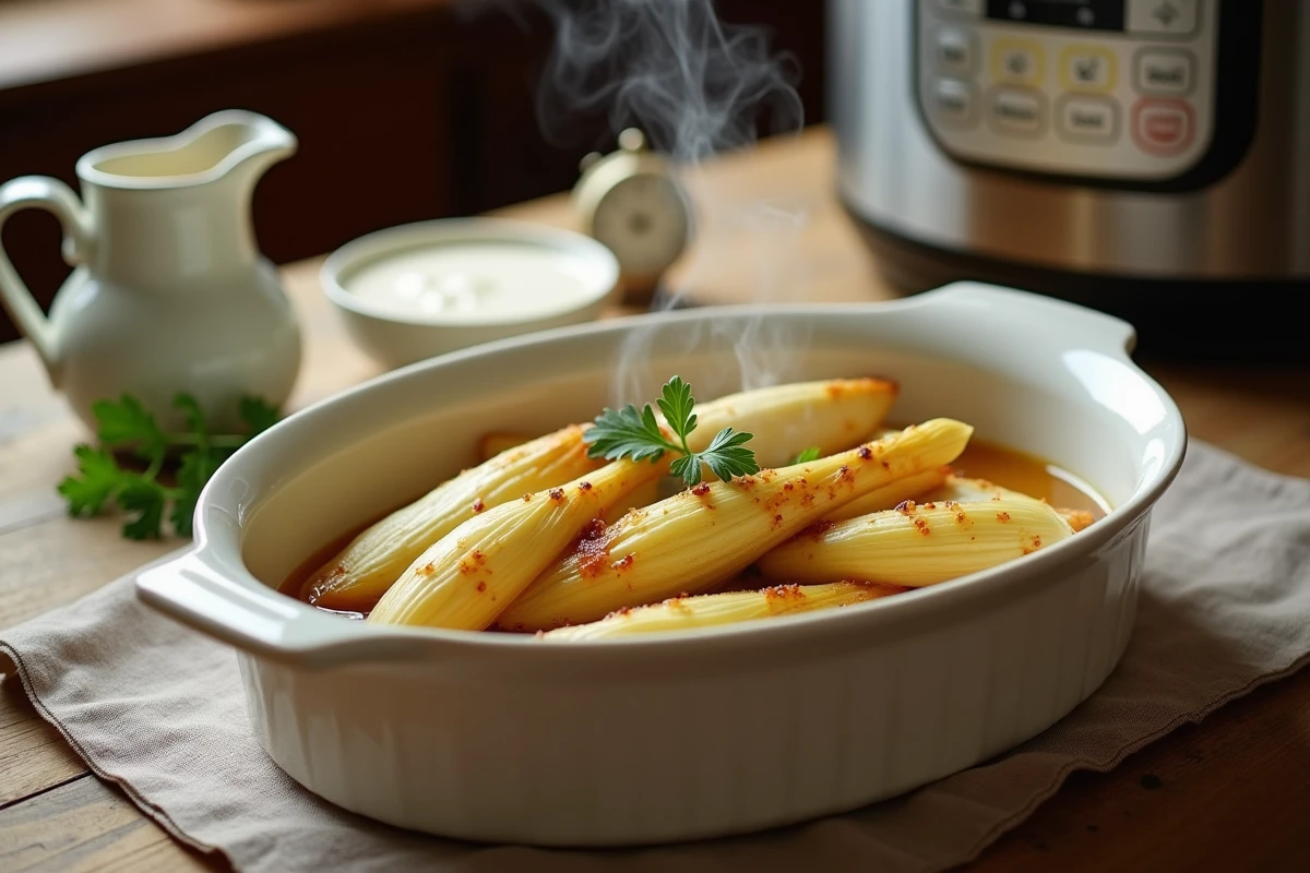 Endives braisées dorées servies dans un plat en céramique blanche après cuisson à l'autocuiseur sur une table en chêne rustique