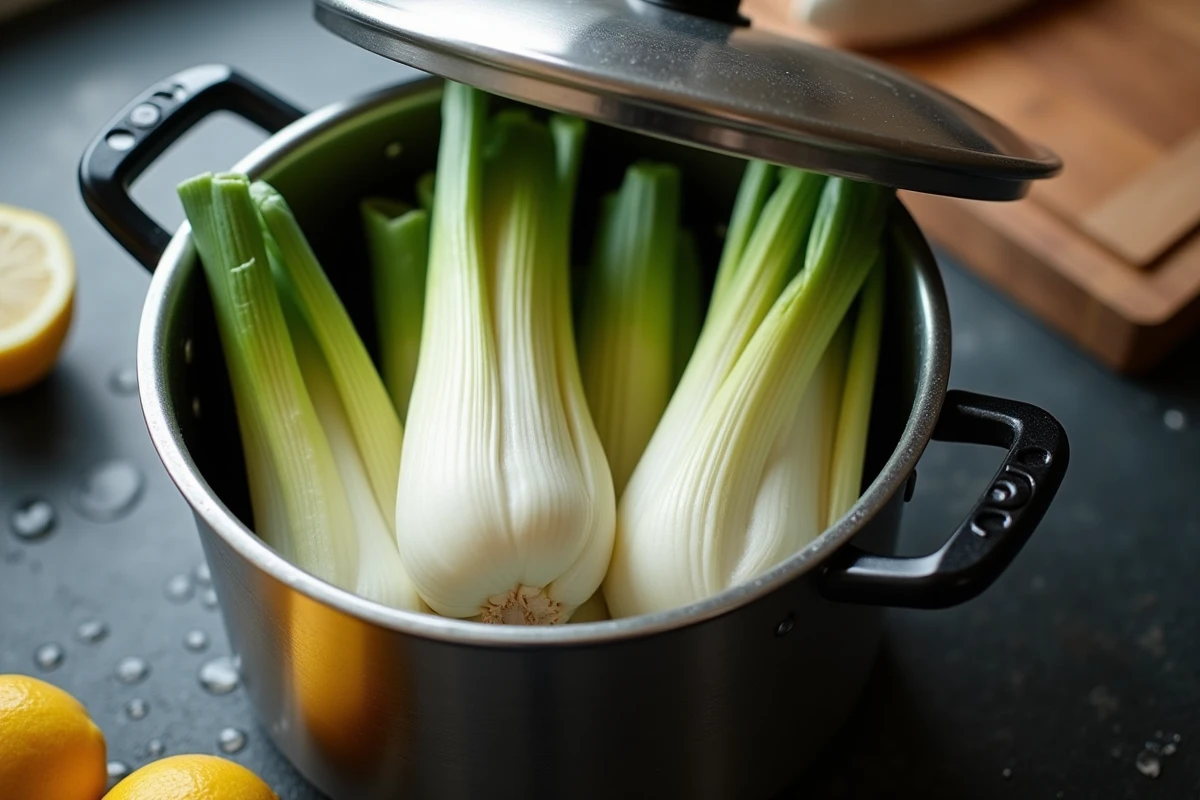 Gros plan d'endives entières dans un autocuiseur prêt à être fermé sur un plan de travail en ardoise