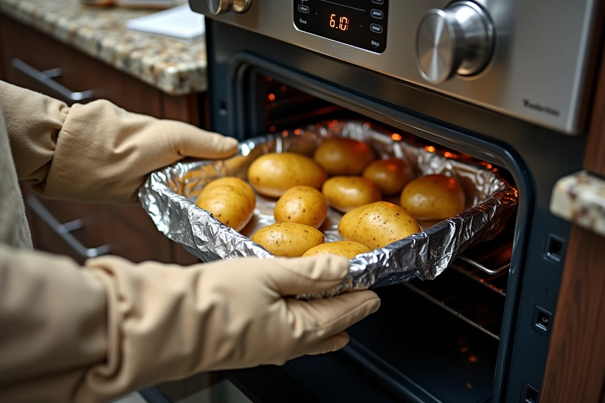 Mains enfournant des pommes de terre enveloppées dans du papier aluminium avec minuteur visible