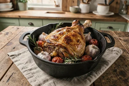Épaule d'agneau confite basse température dans une cocotte en fonte avec ail, romarin et tomates cerises sur une table en chêne rustique