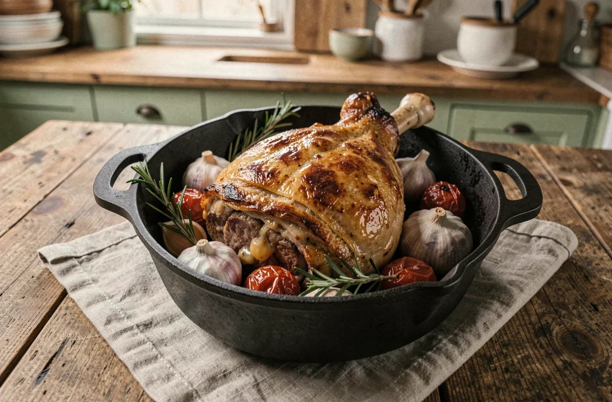 Épaule d'agneau confite basse température dans une cocotte en fonte avec ail, romarin et tomates cerises sur une table en chêne rustique
