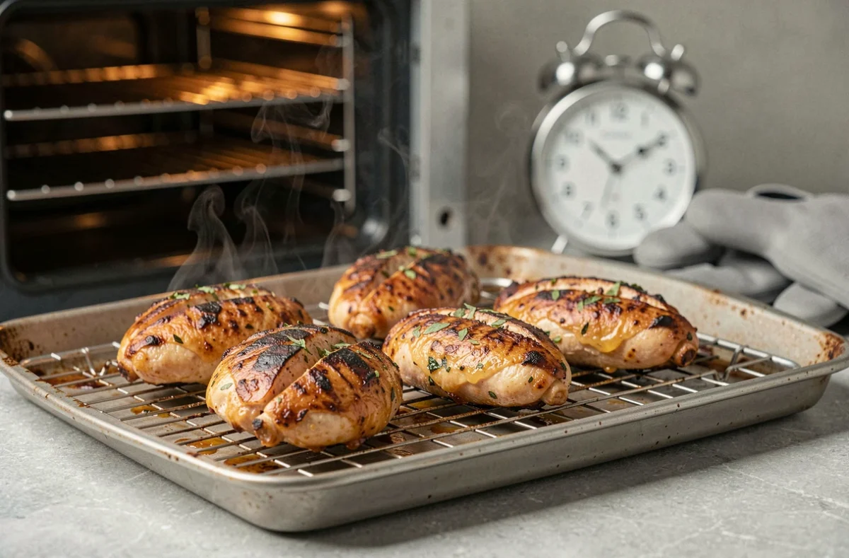 Escalopes de poulet dorées et croustillantes sortant du four sur une grille, cuisson parfaite pour la préparation à l'avance