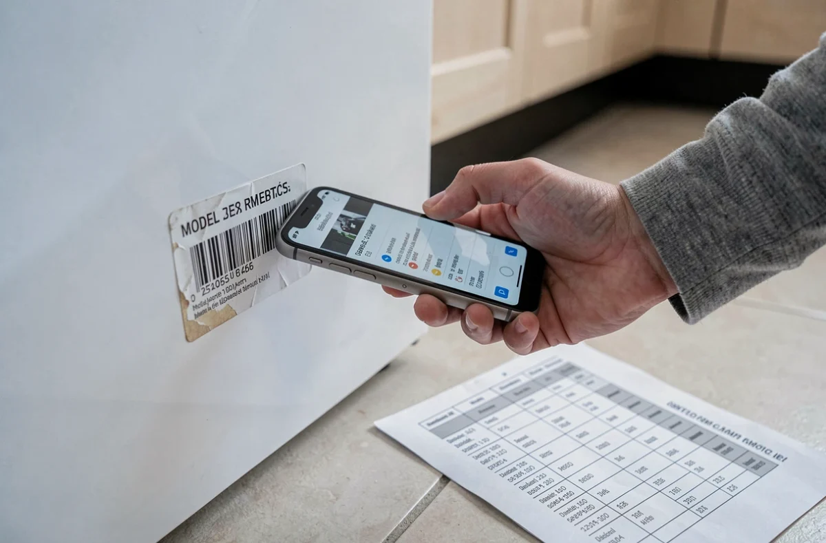 Gros plan sur l'étiquette de référence d'un lave-vaisselle Valberg avec scan de code-barres pour retrouver la notice