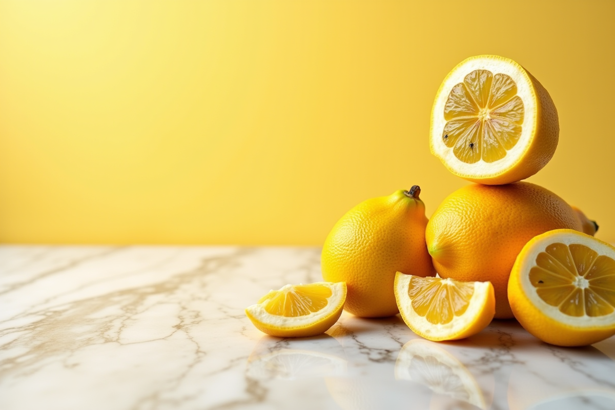 Fruits exotiques en tranches avec yuzu et yamamomo sur marbre blanc