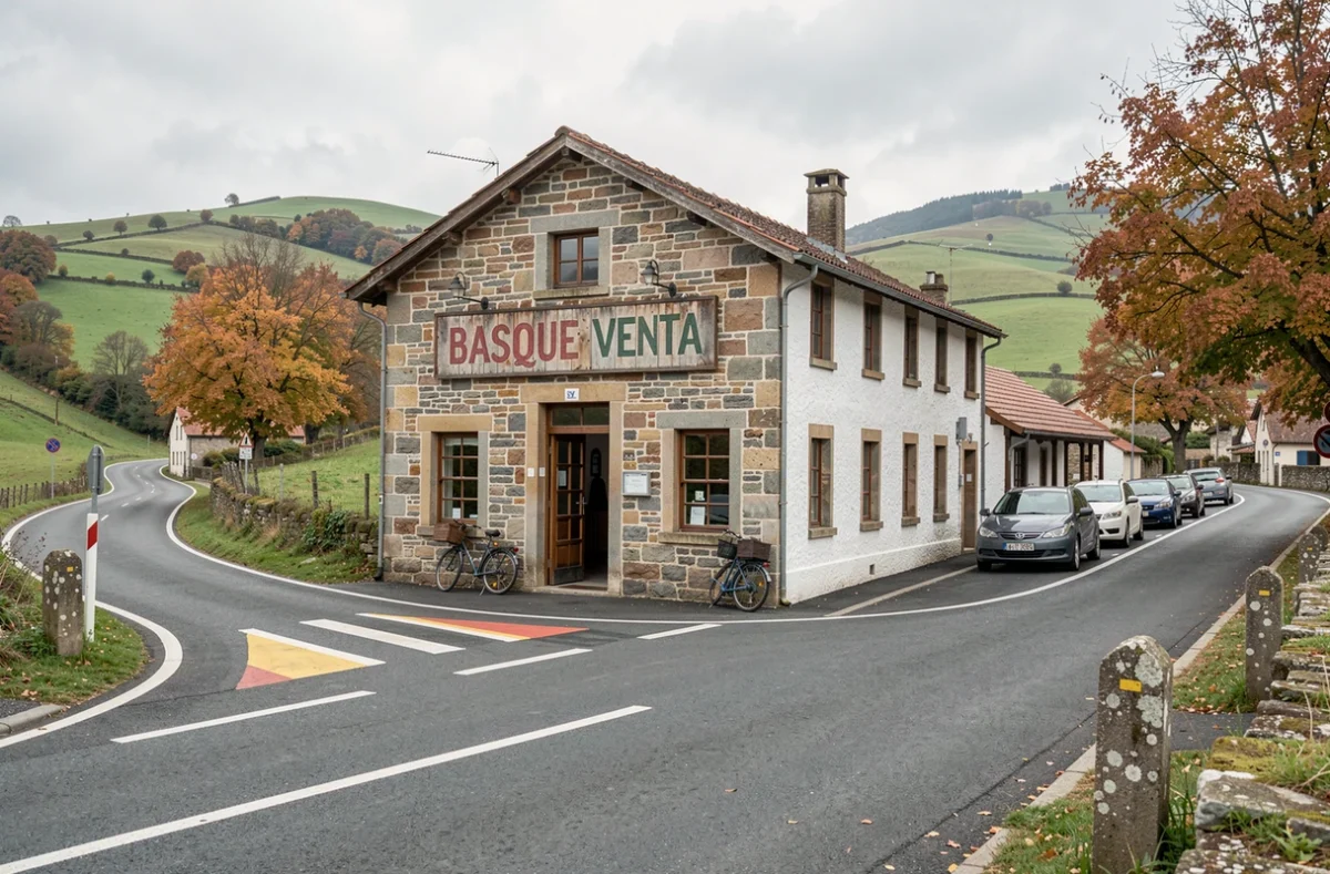 Façade extérieure d'une venta traditionnelle basque à Dancharia, avec marquage de la frontière franco-espagnole visible sur la route et collines verdoyantes en arrière-plan
