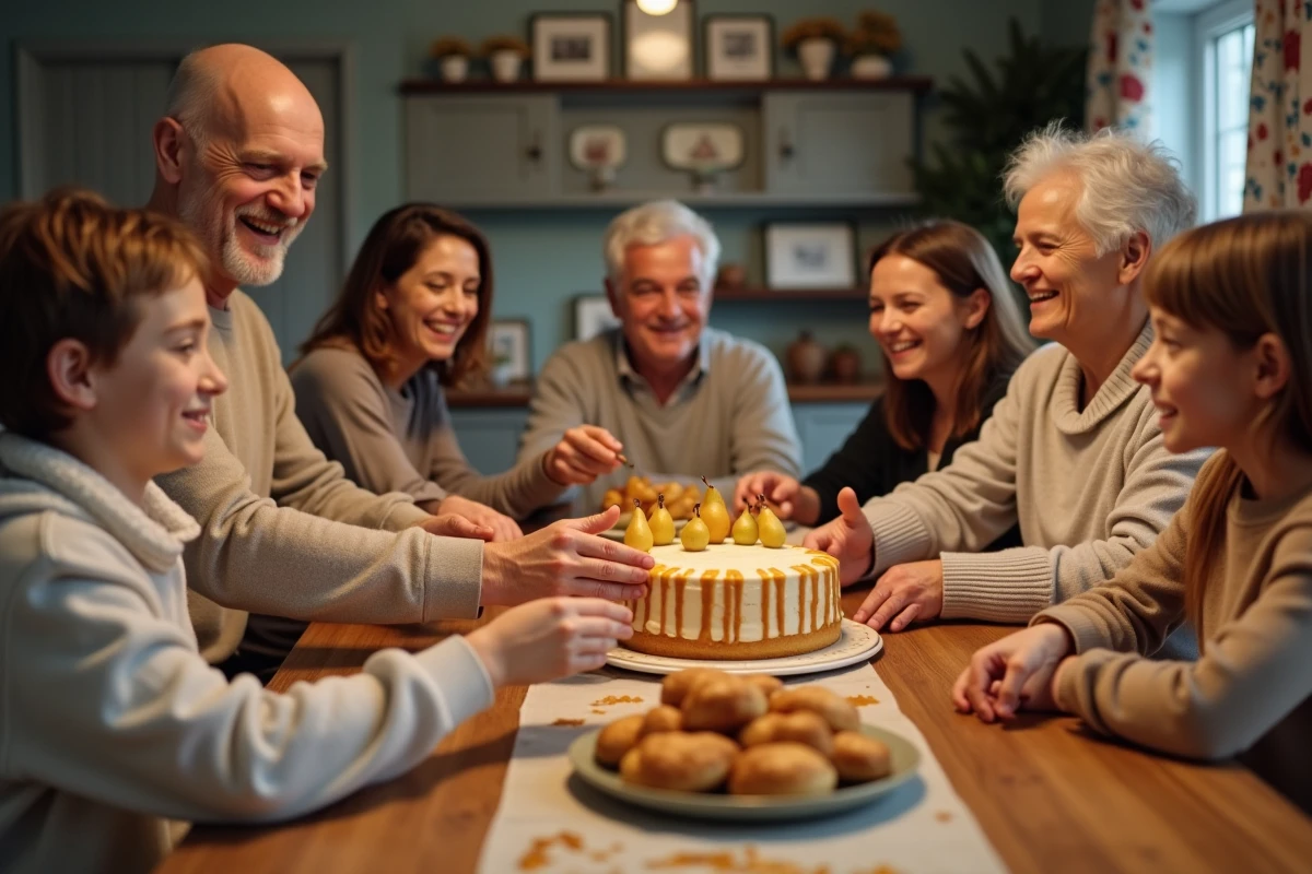 Famille multig&eacute;n&eacute;ration partageant un g&acirc;teau &agrave; table