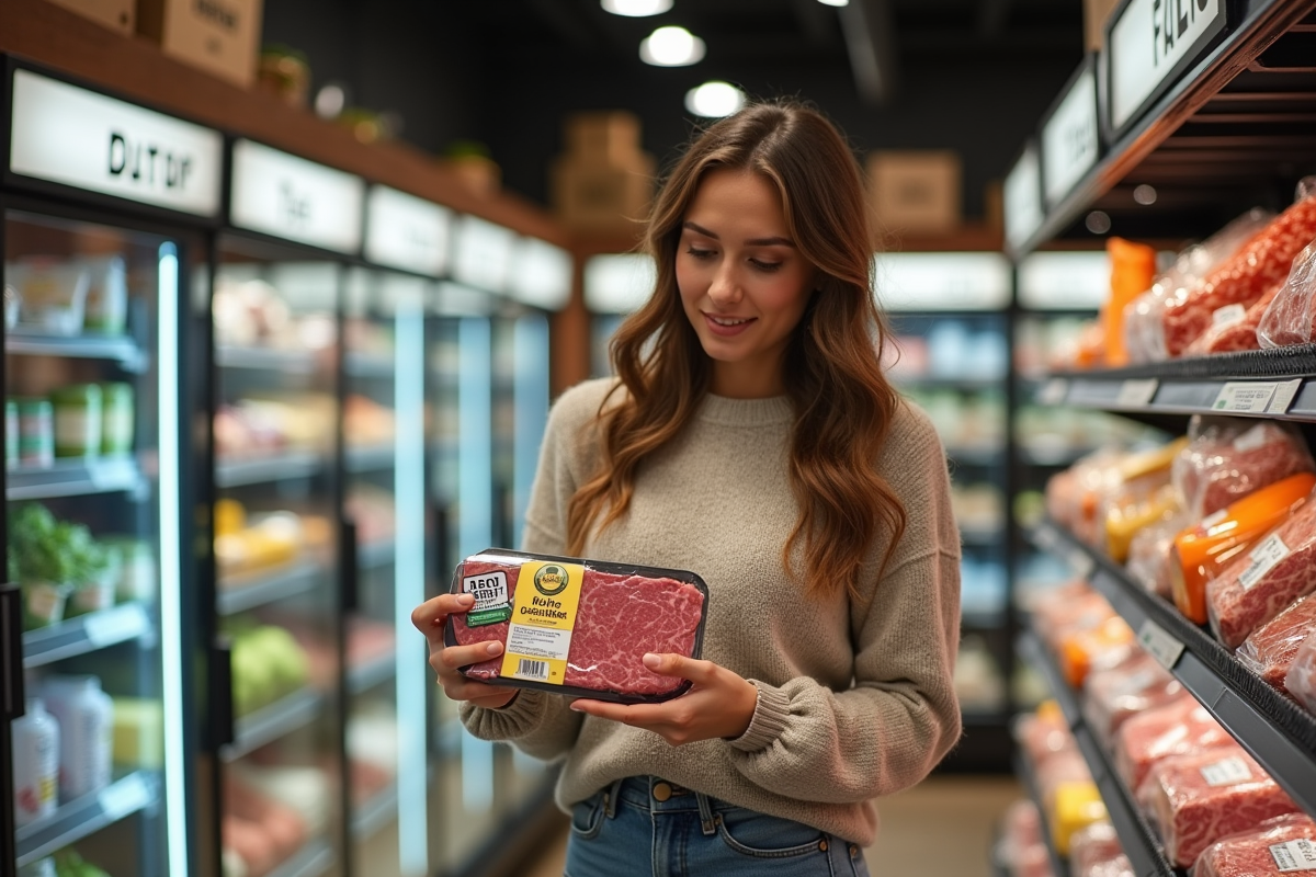 Jeune femme examinant des emballages de boeuf en magasin