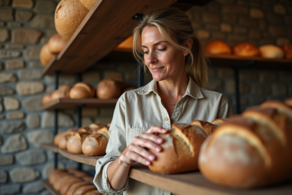 Femme choisissant du pain artisanal dans une boulangerie