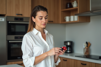 Femme en cuisine comparant deux capsules de café