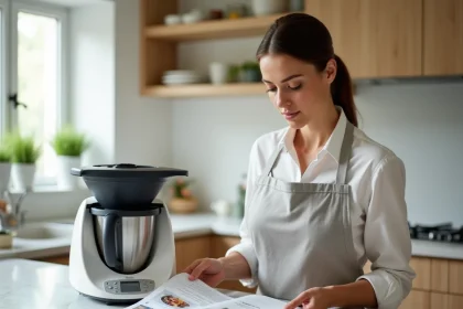 Femme consultant le catalogue prix Thermomix Vorwerk dans une cuisine moderne avec l'appareil TM6 posé sur le plan de travail