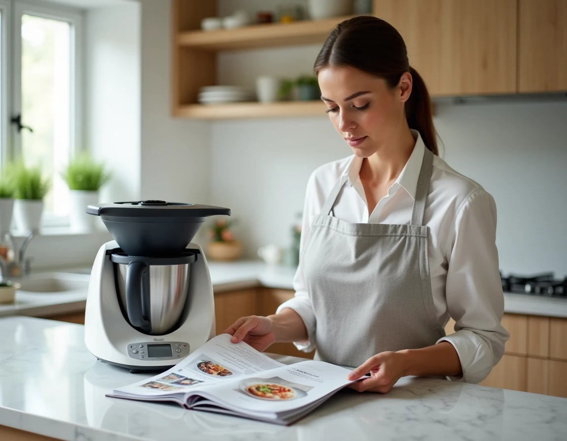 Femme consultant le catalogue prix Thermomix Vorwerk dans une cuisine moderne avec l'appareil TM6 posé sur le plan de travail