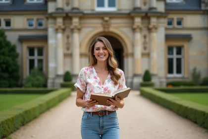 Femme souriante devant un château français avec carnet