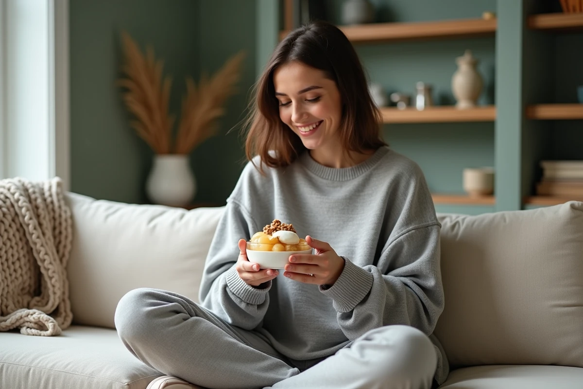 Jeune femme dégustant une compote de pommes au yaourt sur un canapé cosy, dessert sain et sans culpabilité le soir