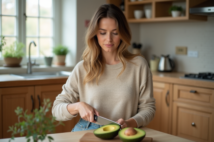 Femme en cuisine coupant un avocat mûr dans un cadre chaleureux