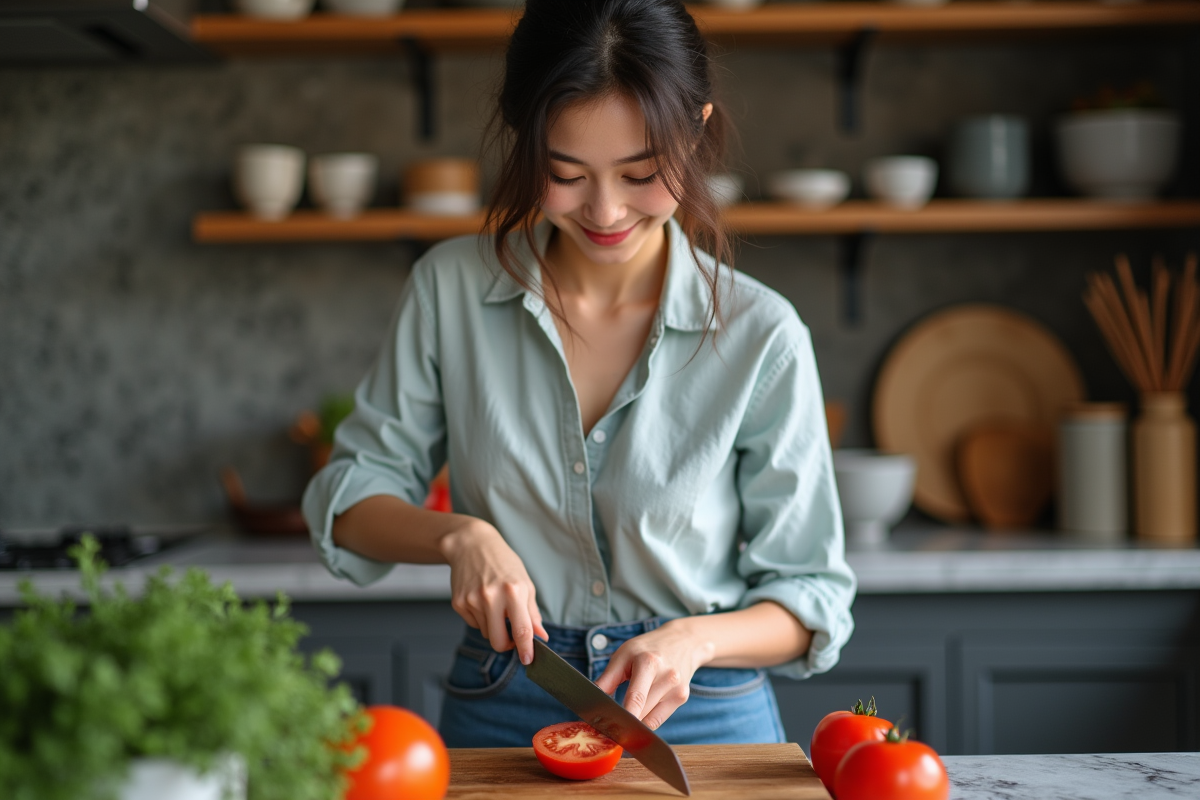 Jeune femme coupant des tomates avec un couteau japonais