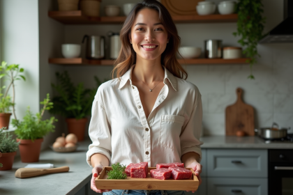 Femme souriante avec viande bio et herbes fraîches