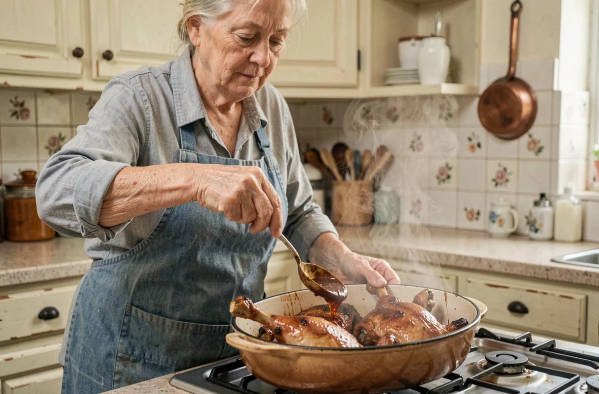 Femme âgée en cuisine arrosant des cuisses de canard en cocotte sur une gazinière vintage, ambiance maison de campagne