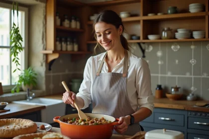 Femme souriante en cuisine avec cassoulet en cuisson