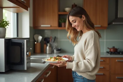 Femme souriante tenant un plat d'endive au jambon