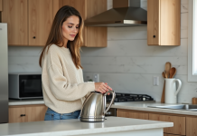 Emplacement idéal pour placer une bouilloire dans une cuisine : astuces et conseils Jeune femme posant une bouilloire en inox dans la cuisine chaleureuse