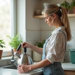 Meilleur moment pour jeter une bouilloire : astuces et conseils pratiques Femme examinant une vieille bouilloire en inox dans la cuisine