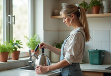 Meilleur moment pour jeter une bouilloire : astuces et conseils pratiques Femme examinant une vieille bouilloire en inox dans la cuisine