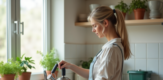 Femme examinant une vieille bouilloire en inox dans la cuisine