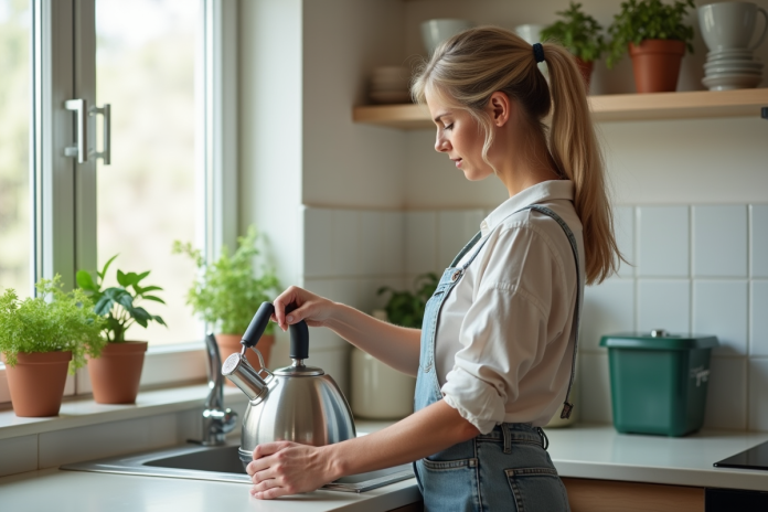 femme-cuisine-kettle Femme examinant une vieille bouilloire en inox dans la cuisine