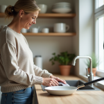 Femme nettoyant une poele en céramique dans la cuisine