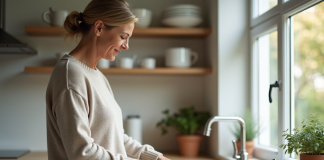 Poêles en céramique pour la santé : avantages et précautions à prendre Femme nettoyant une poele en céramique dans la cuisine
