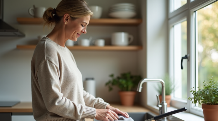 Femme nettoyant une poele en céramique dans la cuisine
