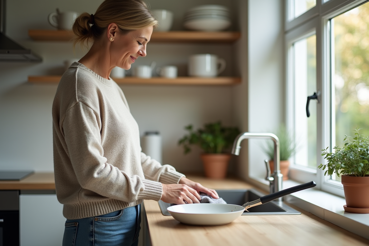 Femme nettoyant une poele en céramique dans la cuisine
