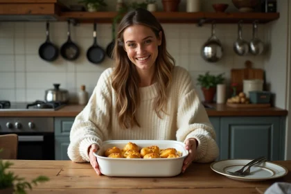 Femme souriante pr&eacute;parant une paupiette de porc dans une cuisine chaleureuse