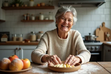 Femme en cuisine pr&eacute;parant des beignets de pommes