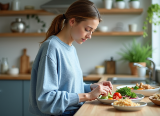 Femme préparant un repas équilibré dans une cuisine moderne