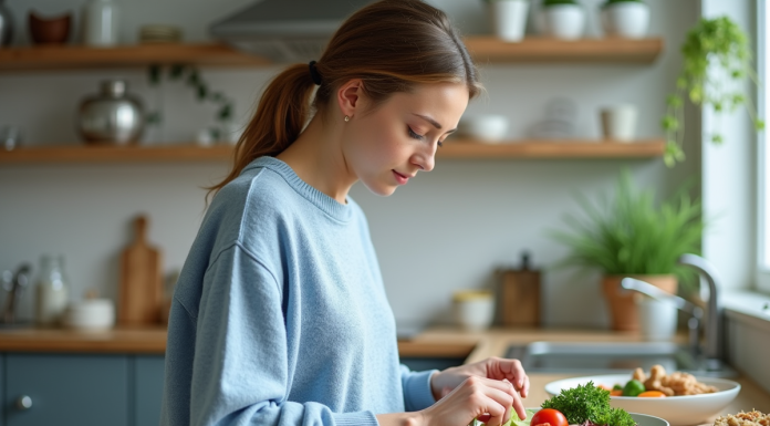 Alimentation lors du jeûne intermittent : aliments à privilégier et à éviter ! Femme préparant un repas équilibré dans une cuisine moderne