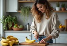 Différence bananes biologiques et non biologiques : bénéfices santé Jeune femme coupant une banane dans la cuisine moderne