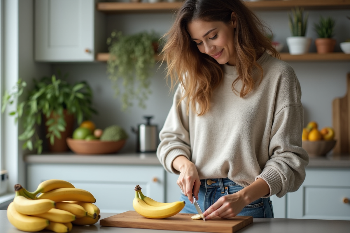 Jeune femme coupant une banane dans la cuisine moderne