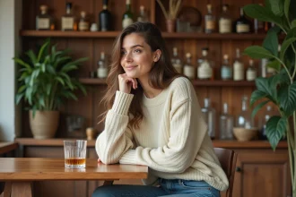Femme élégante dégustant un whisky dans une cuisine chaleureuse