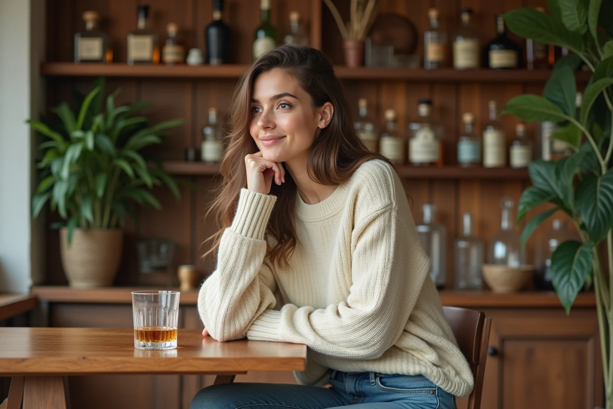 Femme élégante dégustant un whisky dans une cuisine chaleureuse